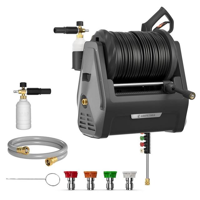 Giraffe Tools Grandfalls Pressure Washer G30B, Max 2400 PSI, 2.0 GPM, Electric Wall Mounted Pressure Washer with 100ft Balck Pressure Hoses, Foam Cannon, 4-Nozzles for Car/Driveways, Dark Silver