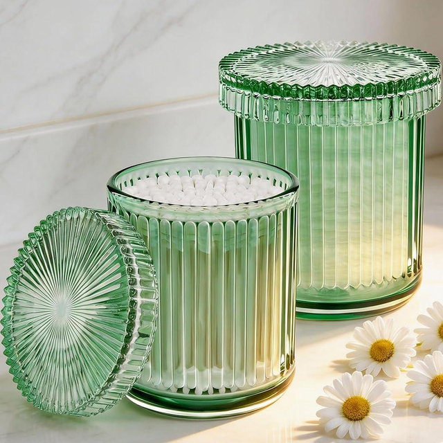 ESEHGS 2 Pack Glass Qtip Holder Dispenser Set - Bathroom Organizer for Cotton Swabs, Balls, Pads, Floss Picks - Clear Apothecary Jars for Vanity, Makeup Storage, Bathroom Accessories Decor (Green)