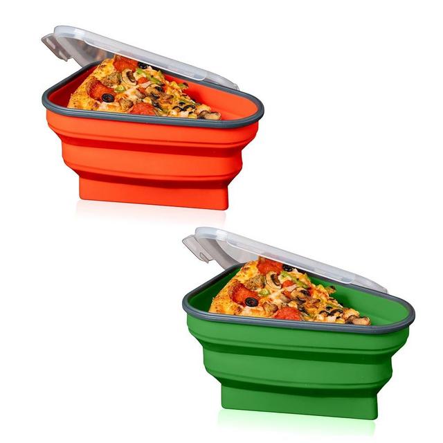 The Perfect Pizza Pack™ - Reusable Pizza Storage Container with 5 Microwavable Serving Trays - BPA-Free Adjustable Pizza Slice Container to Organize & Save Space, Red/Green 2 pk