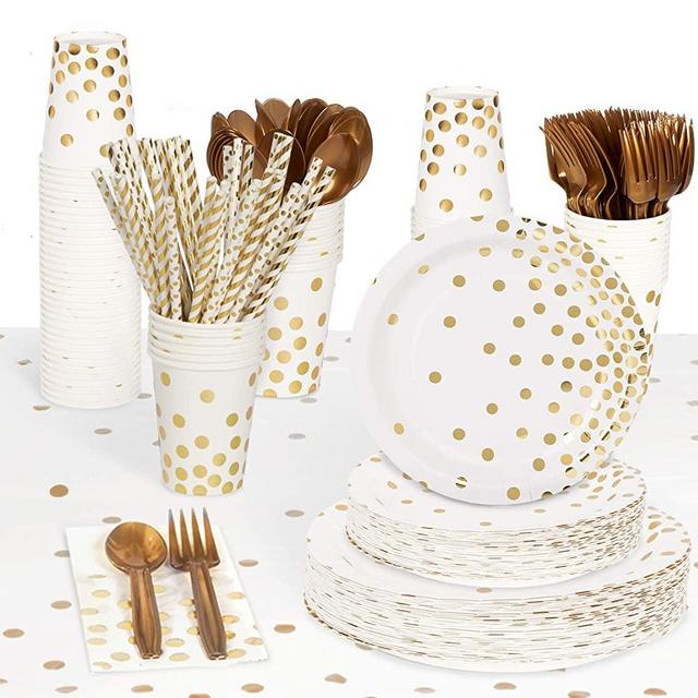 Decorlife Gold Paper Plates, Party Plates and Napkins Sets for 50 Includes 4 Tablecloths, Heavy Duty and Disposable, Total 404PCS