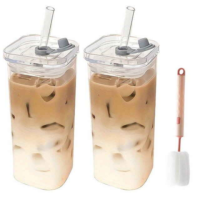 Vibinz Portable Drinking Cup Glass, 12oz/350ml Glass Cups for The Go, Perfect Coffee Glass, Glass Cups Lids/Straws Included, The Gift for a Cup Collector, for Home School Outdoor