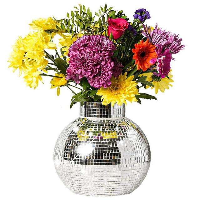 Disco Ball Planter | 7” Disco Ball Vase for Flowers & Plants | Handmade Silver Square Small Mirrors Center Piece | Disco Ball Plant Holder Silver