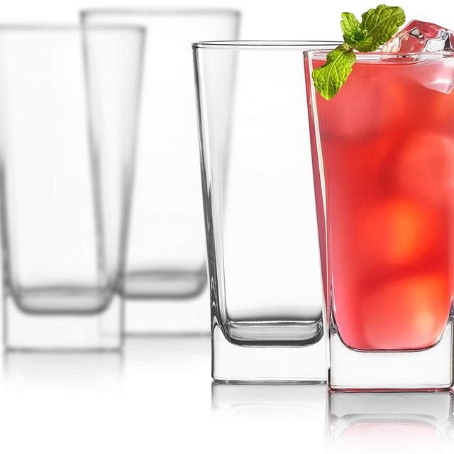 Highball Glasses [Set of 4] + 4 Stainless Steel Straws | Lead-Free Crystal Clear Glass | Elegant Drinking Cups for Water, Wine, Beer, Cocktails and Mixed Drinks | Round Top, Square Bottom