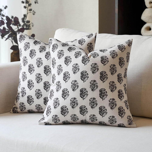 DOMVITUS Set of 2 Floral Pillow Covers 20x20, Block Print Pillow Covers Vintage Neutral Decorative Farmhouse Throw Pillow Covers for Couch Bed Living Room Black