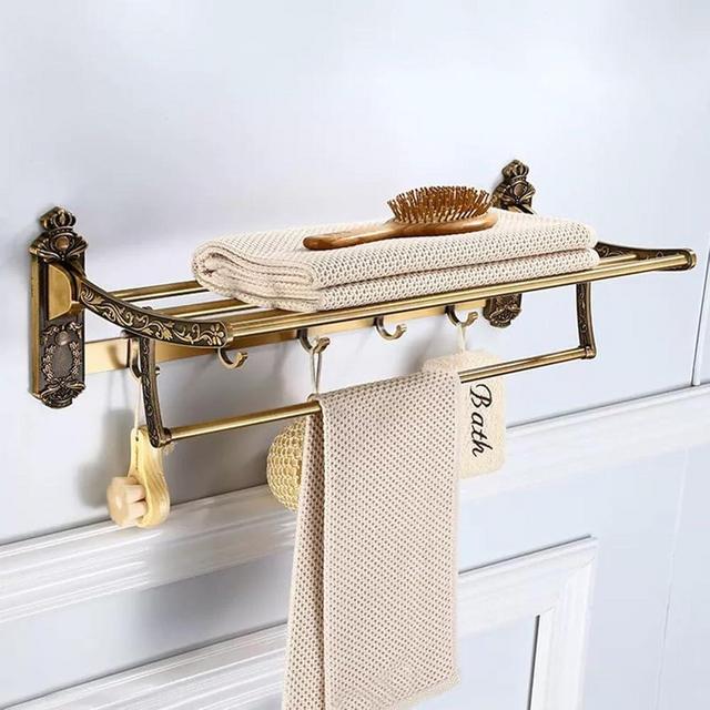 24" Vintage Bathroom Towel Rack, Antique Brass Color Towel Bar with 5 Hooks Double Tier Towel Shelf with 5 Rods Foldable Towels Storage for Bathroom Wall Mounted