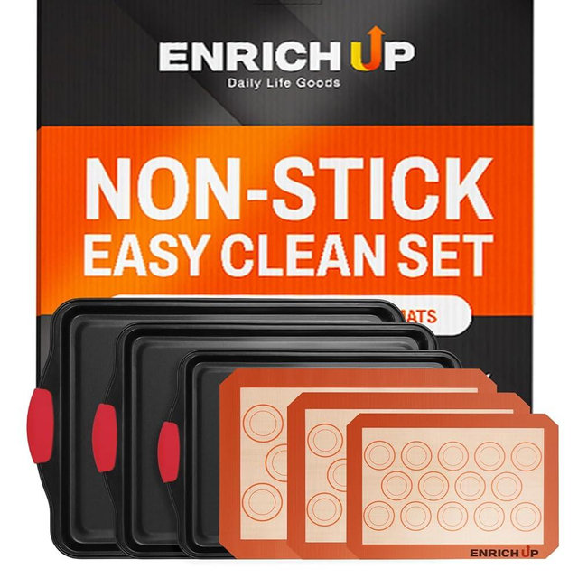 Enrich Up Baking Pans Set – 6-Pcs Non-Stick Silicone Cookie Sheets and Oven Baking Pans – Reusable and Heat-Resistant Bakeware Set – Cookware Set Non-Stick for Macarons, Cookies, Food, Pastry