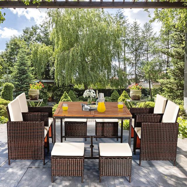 Costway 9PCS Acacia Wood Patio Rattan Dining Set Cushioned Chairs Ottoman