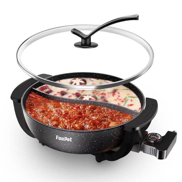 6L Dual-Sided Electric Hot Pot with Cool-Touch Handles, 1100W Adjustable Heat, Hexagonal Non-Stick Interior & Overheat Protection (Wraparound Black Handles)