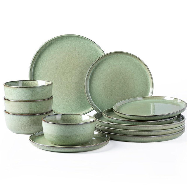 GBHOME Ceramic Dinnerware Sets for 4, 12 Pieces Stoneware Plates and Bowls Sets, Scratch Resistant Dishes, Dishwasher & Microwave Safe-Pastel Green