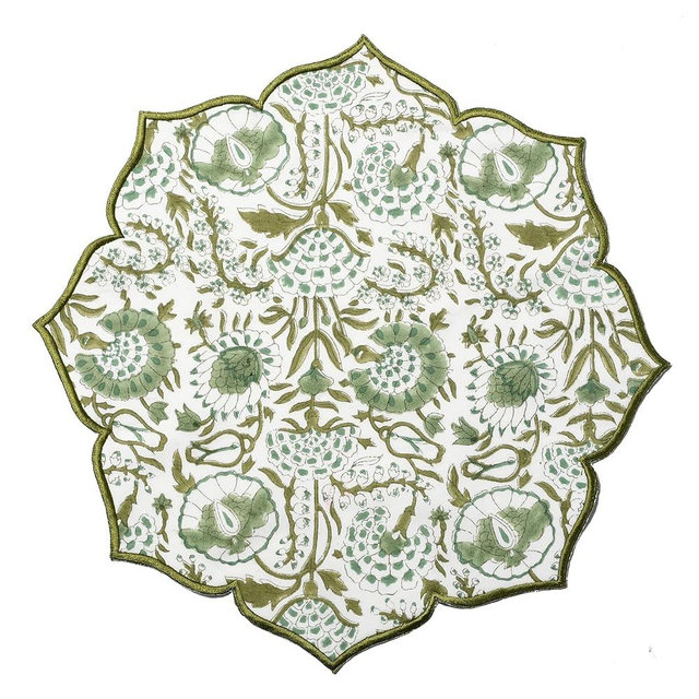 CPC Scalloped Table Placemats Set of 4 100% Cotton Hand Block Printed Flower Shaped-Dinner, Buffet, Wedding Table Mats (Agate Green-15 Inch)