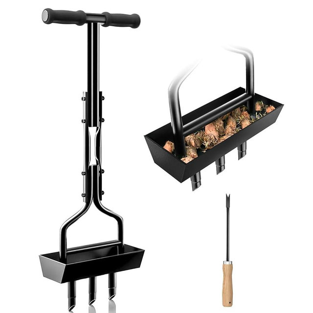Lawn Aerator Garden Tool with Soil Core Tray, 38” Manual Grass Plug Aerators & A Cleaning Tool, Coring Aeration Tools with 3 Tines for Gardening, Soil Compaction, Lawn Yard Care, Patented Black