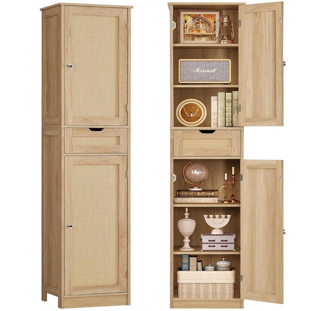 TEENFON 67" H Tall Storage Cabinet with 2 Rattan Doors and 1 Drawer, Narrow Rattan Cabinet with Adjustable Shelves, for Living Room, Entryway, Kitchen, Natural