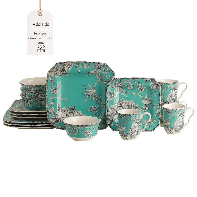 222 Fifth Adelaide 16-Piece Square Floral Dinnerware Set – Service for 4, Turquoise Porcelain Plate, Bowl & Mug Set, Chip Resistant, for Everyday Dining & Entertainment, Microwave & Dishwasher Safe