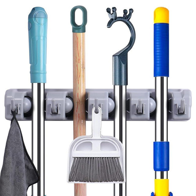Kiemeu Mop And Broom Holder Wall Mount Cleaning Supplies Organizer For Closet Laundry Room Garden Tool Hangers For Garage Wall Hanging Rack Utility Shop Organization And Storage