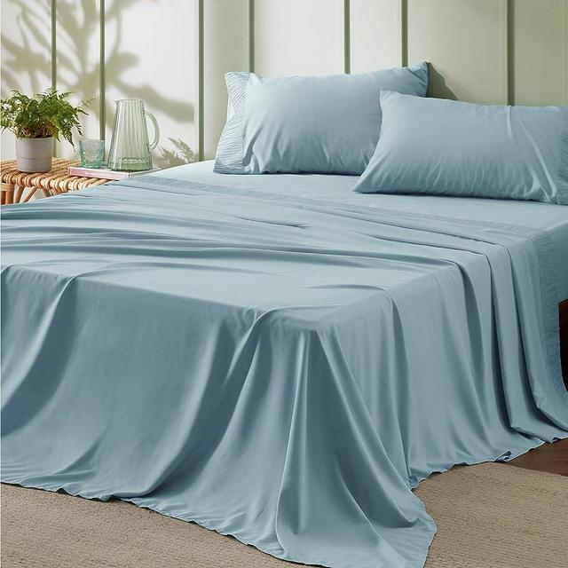 Bedsure Queen Sheet Set - Soft 1800 Sheets for Queen Size Bed, 4 Pieces Hotel Luxury Sky Blue Queen Sheets, Easy Care Polyester Microfiber Cooling Bed Sheet Set