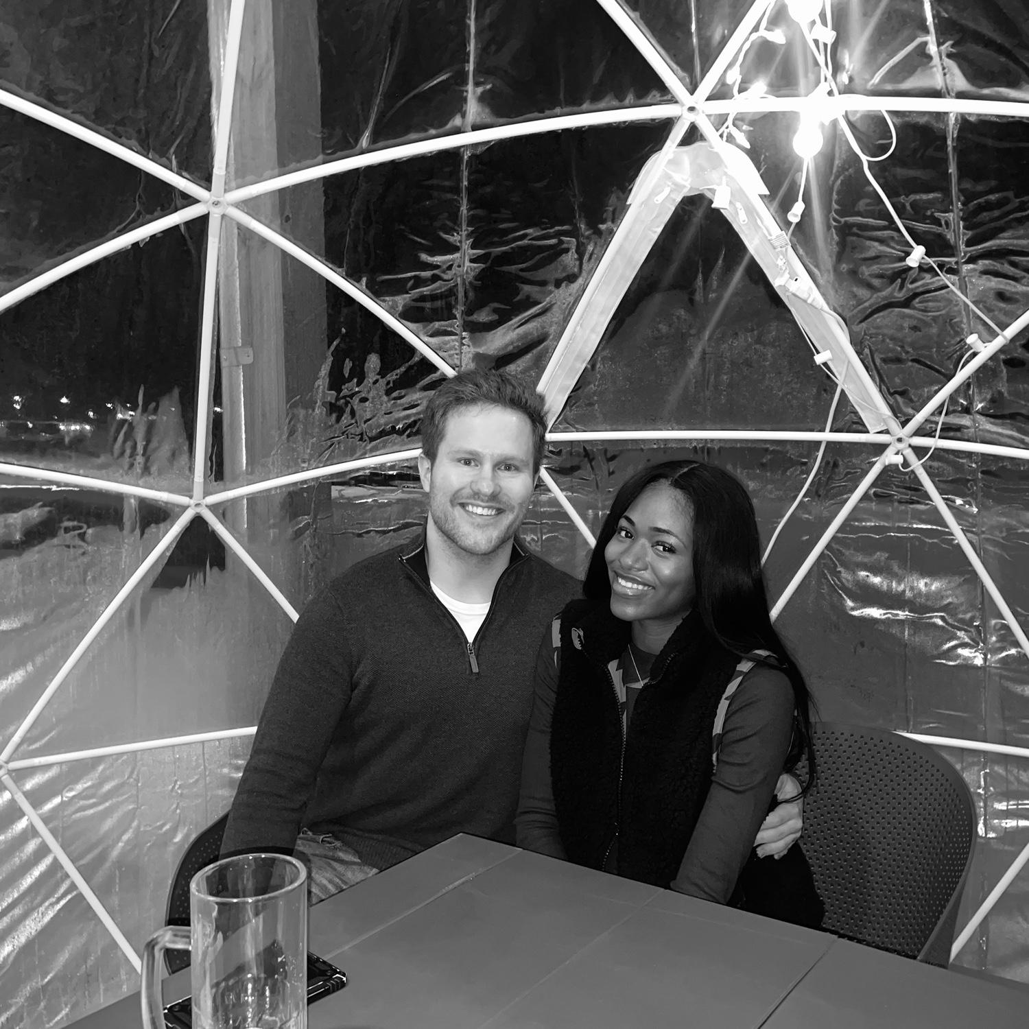 Our first photo together, on our igloo dinner date in Bismarck, North Dakota!