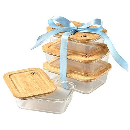 DE Bamboo Lids Glass Containers, Plastic-Free Glass Food Storage Containers with Eco-Friendly Bamboo Lids. Set of 4 Pantry Organization Ideal for Flour, Sugar, Coffee, Candy, Snack, Lunch Box and More