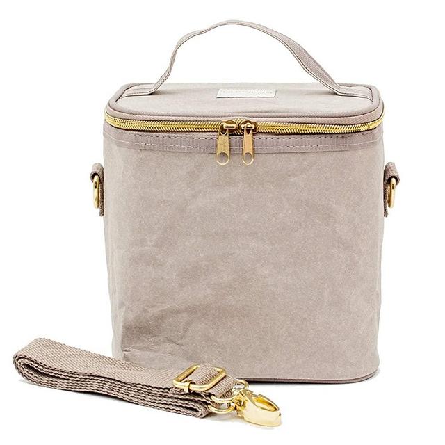 SoYoung Stone Grey Washable Paper Petite Poche | Stylish, Modern Insulated Lunch Bag for Women | Removable Insulated Liner | Detachable Messenger Strap