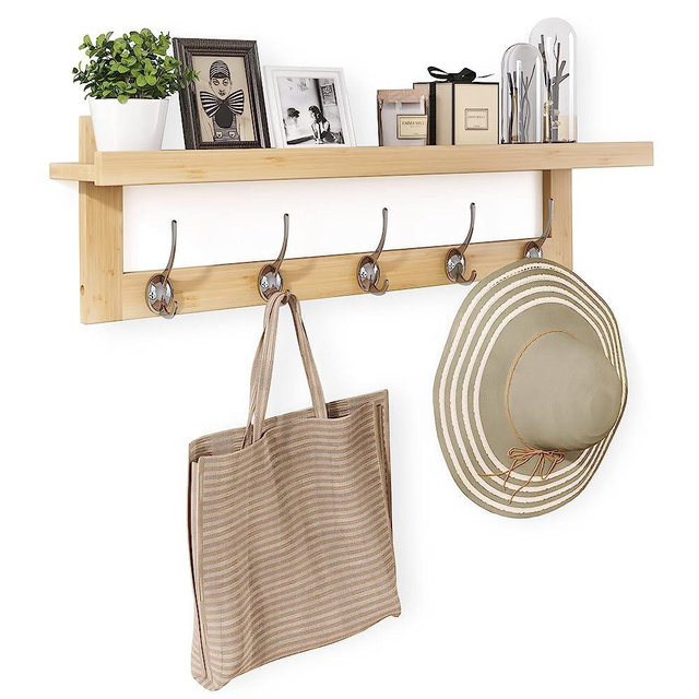 SMIBUY Coat Hooks with Shelf Wall-Mounted, 29.2 Inch Entryway Coat Rack for Wall, Bamboo Hanging Shelf with 5 Double Metal Hooks for Bathroom, Bedroom, Kitchen, Living Room, Mudroom (Natural)