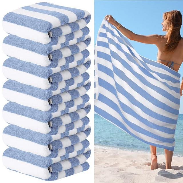 EBOOT 7 Pieces 100% Cotton Pool Beach Towels 30 x 70 Inch Cabana Stripe Beach Towels Oversized Basics Beach Towels Turkish Pool Towels Bath Towels for Hotel Swimming Bathroom (Blue)