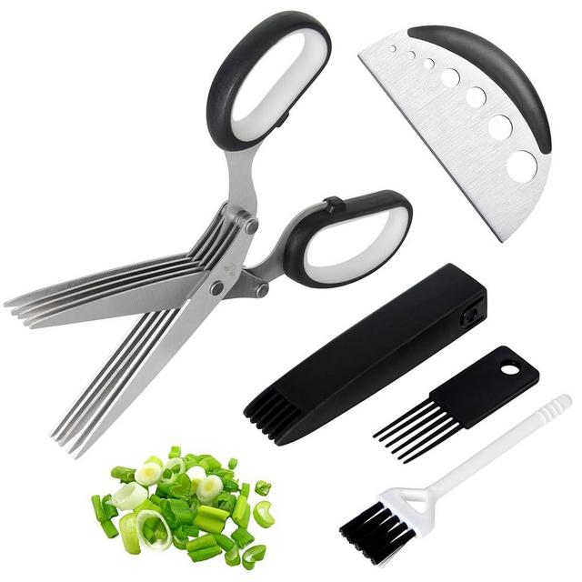 Herb Scissors Salad Scissors, Upgrade Herb Scissors with 5 Blades and Cover + 2 Brush, Kitchen Salad Scissors with Herb Stripping, Multi Scissors Herb Cutter, Smart Cutter Food Scissors Chopper, Black