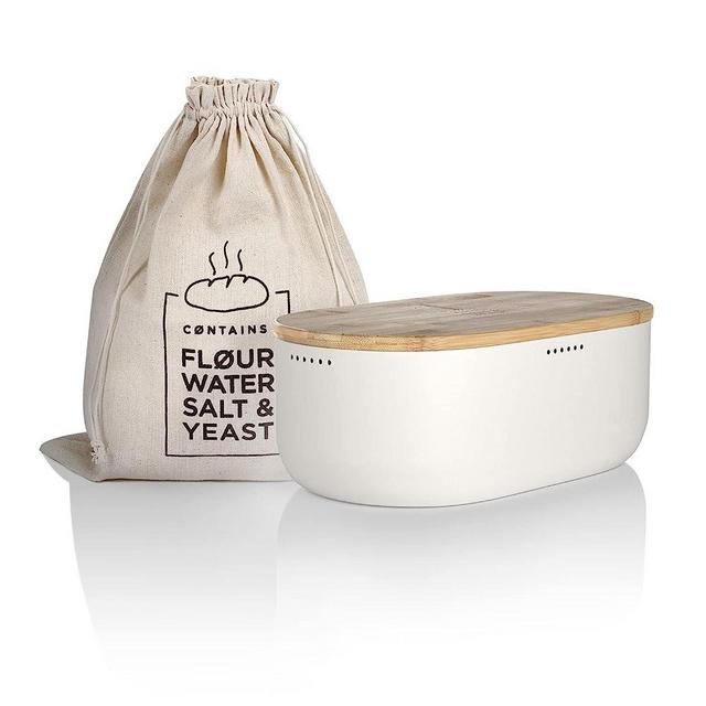 LARS NYSØM Bread Box I Metal bread box with linen bread bag for long lasting freshness I Bread box with bamboo lid usable as cutting board I 14.2x7.5x5.1 In