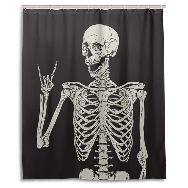 Rock And Roll Skull Skeleton Bone Love Music Shower Curtain Polyester Waterproof, Sugar Candy Skull Day Of Dead On Black Backdrop Bath Room Shower Curtain with Hooks 60 W x 72 H inches