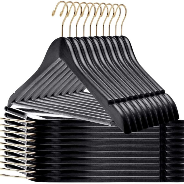 Quality Black Wooden Hangers - Slightly Curved Hanger Set of 20-Pack - Solid Wood Coat Hangers with Stylish Chrome Hooks - Heavy-Duty Clothes, Jacket, Shirt, Pants, Suit Hangers (Black-Gold Hook, 20)