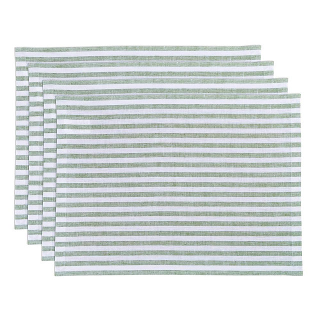 Solino Home Linen Cloth Placemats Set of 4 - Amalfi Stripe 100% Pure Linen Green and White Farmhouse Placemats 14 x 19 Inch for Holiday, New Year