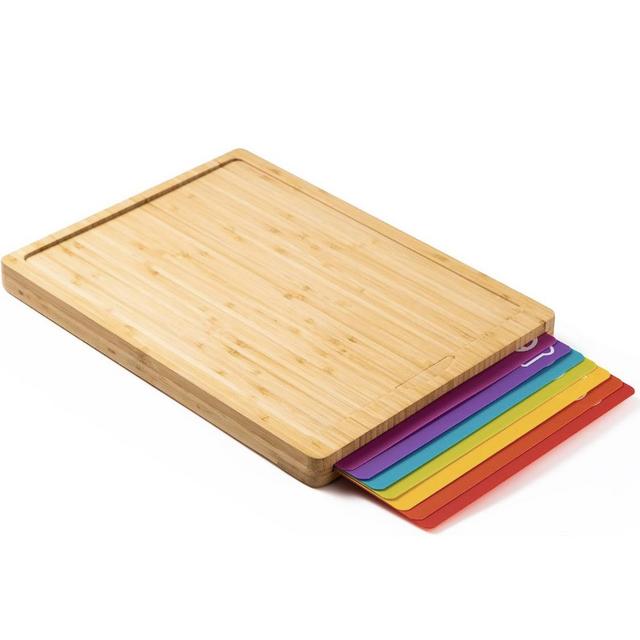 Bamboo Wood Cutting Board Set with 7 Flexible Cutting Mats with Food Icons, Easy to Clean Cutting Boards for Kitchen