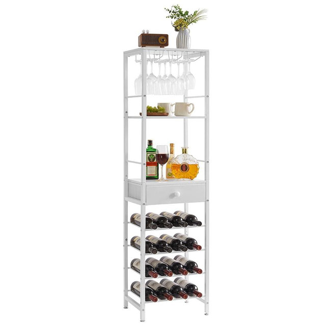 IBUYKE Wine Rack Freestanding Floor, Bar Cabinet for Liquor and Glasses,Coffee Bar Cabinet 4-Tier Wood bar Cabinet,Glass Holder and Storage Drawer for Home Bar Kitchen Living Room,White UTMJ905W