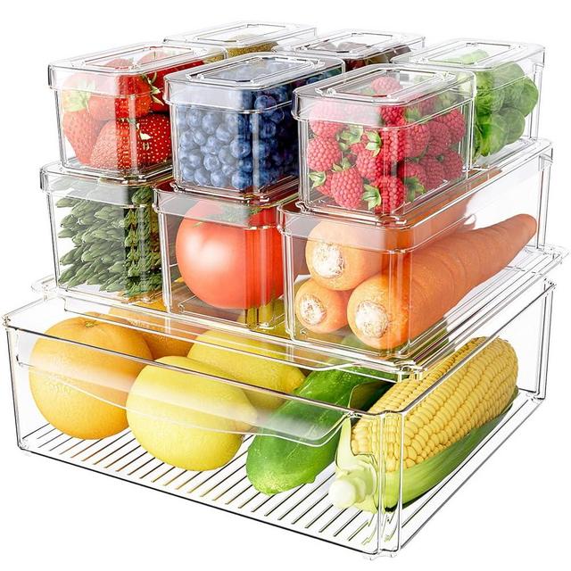 SpaceHacks 10 Pack Refrigerator Organizer Bins Stackable with Lids, Clear Fridge Organizers and Storage, Kitchen Organizer Storage Containers for Fruit, Produce, Food, Vegetables