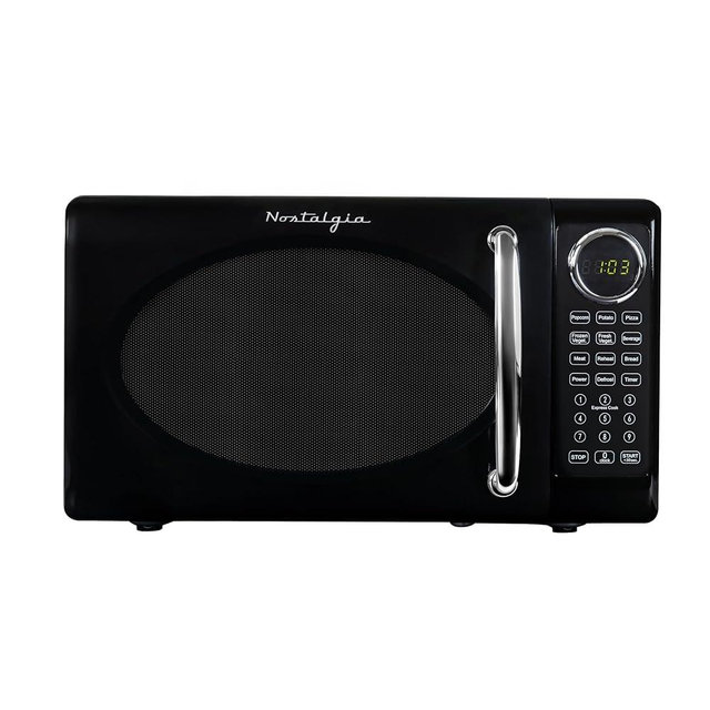 Nostalgia Retro Microwave Oven 0.7 Cu Ft, 700-Watt Countertop Size with Glass Turntable, Child Safety Lock, 8 Auto-Cook Programs, Digital Clock, Black
