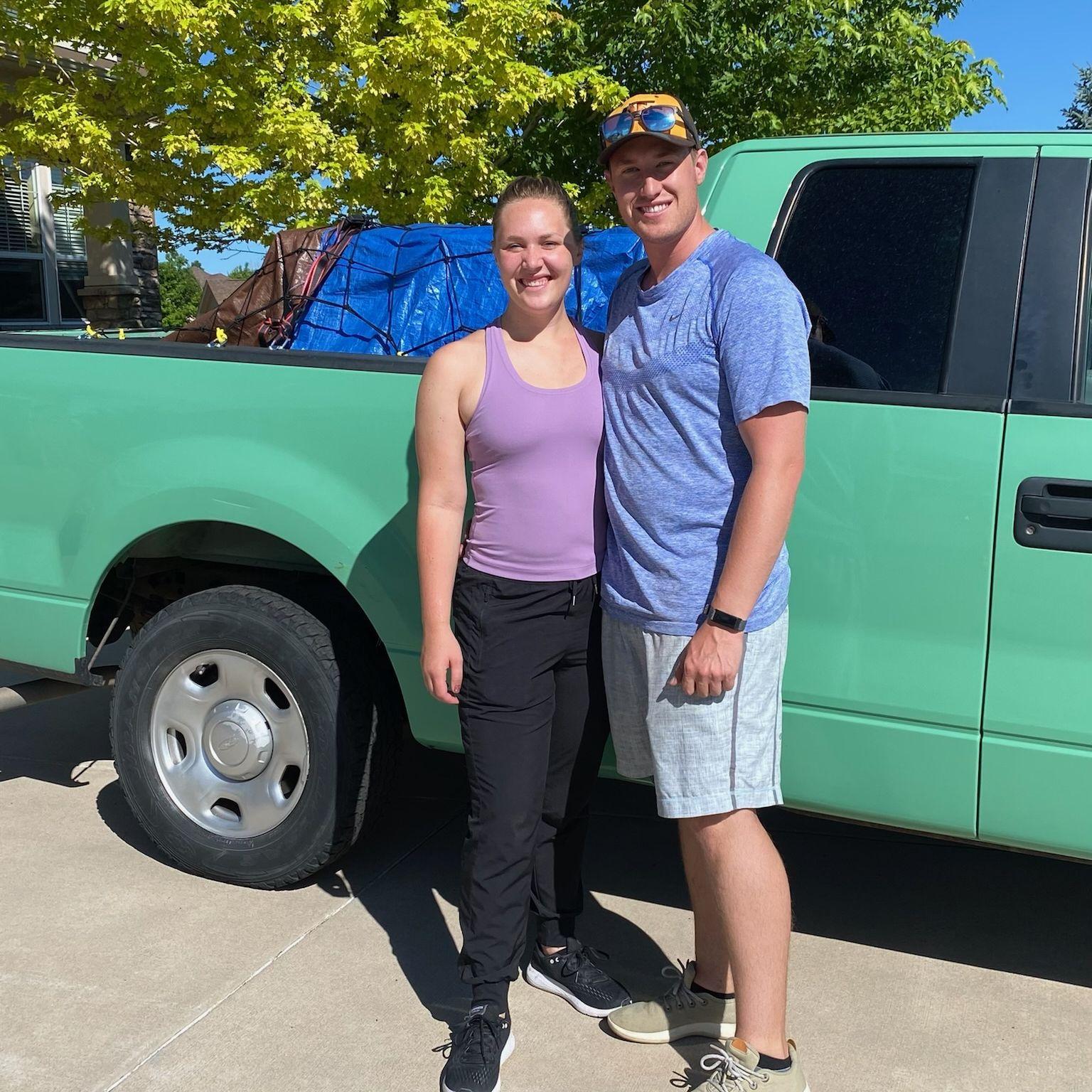 June 2022: All packed up to move to Alabama! (RIP Debbie - the bright green truck)