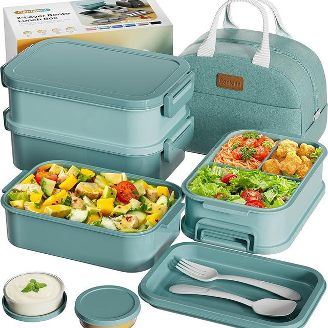 Adults Bento Box with Insulated Lunch Bag, 74oz Capacity 3 Stackable Leak-Proof Bento Box Built-In Utensil and Sauce, PFAS & BPA-Free, Microwave & Dishwasher Safe (Mint Green)