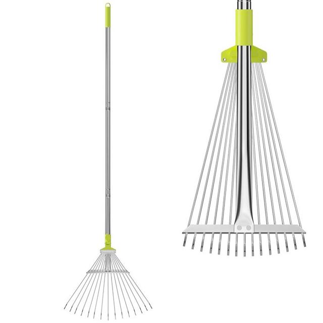 Adjustable Garden Leaf Rake 56 inch, Collapsible Metal Yard Rake for Leaves with Expandable Head 7-16", Collect Loose Debris for Lawns Camping Shrubs and Rose Bushes Heavy Duty