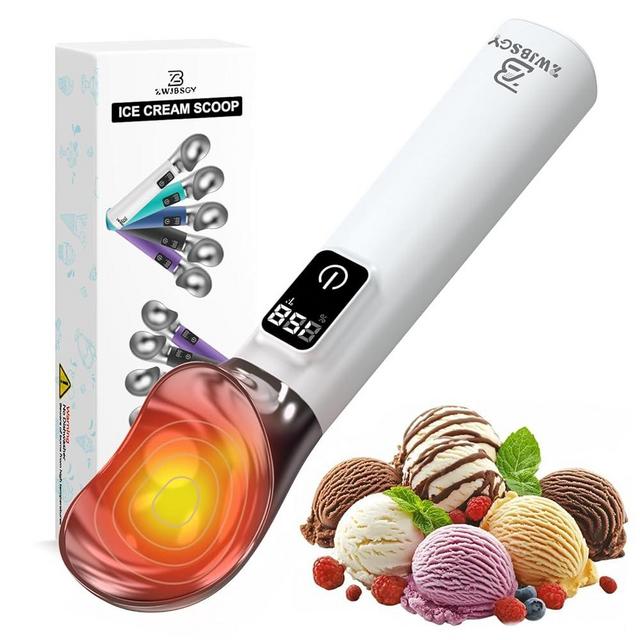 Heated Ice Cream Scoop, ZWJBSGY Electric Ice Cream Scoop-5000mAh Battery, ON/OFF and LED Display, Ideal for Scooping Hard Ice Cream and Frozen Desserts, Perfect Gift for Ice Cream Lovers (White)