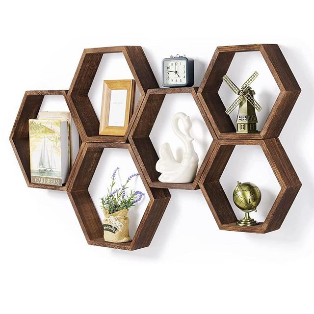 Hexagon Floating Shelves Set of 6 Farmhouse Honeycomb Wall Storage Shelf Wood Display Hexagonal Shelves Wall Mounted Hanging Rustic Shelf Racks for Bedroom Living Room Hallway Office Decor, Brown