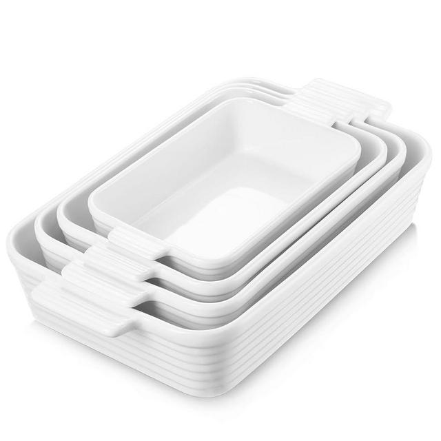 Jassceram Casserole Dishes for Oven, 4-Piece Porcelain Baking Dish, Rectangular Ceramic Bakeware Sets with Handles, Deep Lasagna Pan for Baking, 9.6" to 15.2", Nesting Design, Oven Safe, White