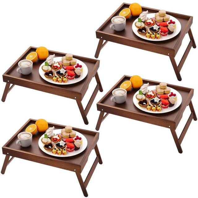 Fibogollo 4 Pack Bamboo Bed Tray Table with Folding Legs,Breakfast Trays,Serving Tray for Food and Snack,Laptop Trays for Working(Brown)