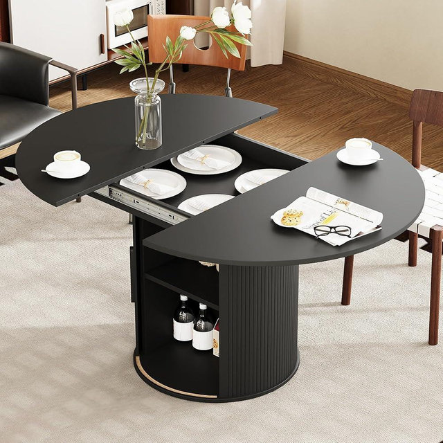 weselon 43"-59" Extendable Round to Oval Dining Table with Hidden Storage, Modern Wooden Kitchen Table with Fluted Sliding Door Cabinet, Expandable Dinner Table for Dining Room Living Room (Black)