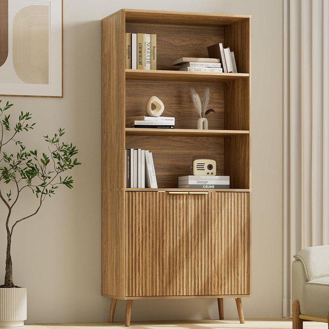 LYNSOM Natural Oak Bookshelf, 70.9" Tall Book Shelf, 5-Tier Bookcase with Fluted Doors and Adjustable Shelves, Wooden Storage Cabinet for Living Room, Office and Kitchen(Natural Oak, 1PC)