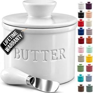 Zulay Kitchen Bell Shaped Butter Crock with Lid for Countertop with Water Line & Spreader Knife, Ceramic French Butter Dish Keeper For Fresh, Soft & Spreadable Butter - White