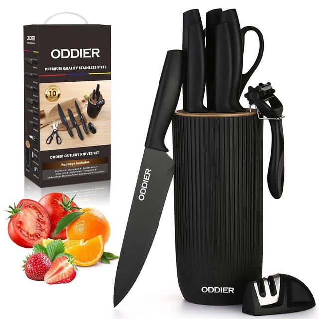 ODDIER Knife Set, 10 Piece Kitchen Knife Set with Block and Sharpener, Anti-Rust Stainless Steel Knives Set for Kitchen, Chef Universal Knife Block Set, Dishwasher Safe, Ergonomical Design, Black