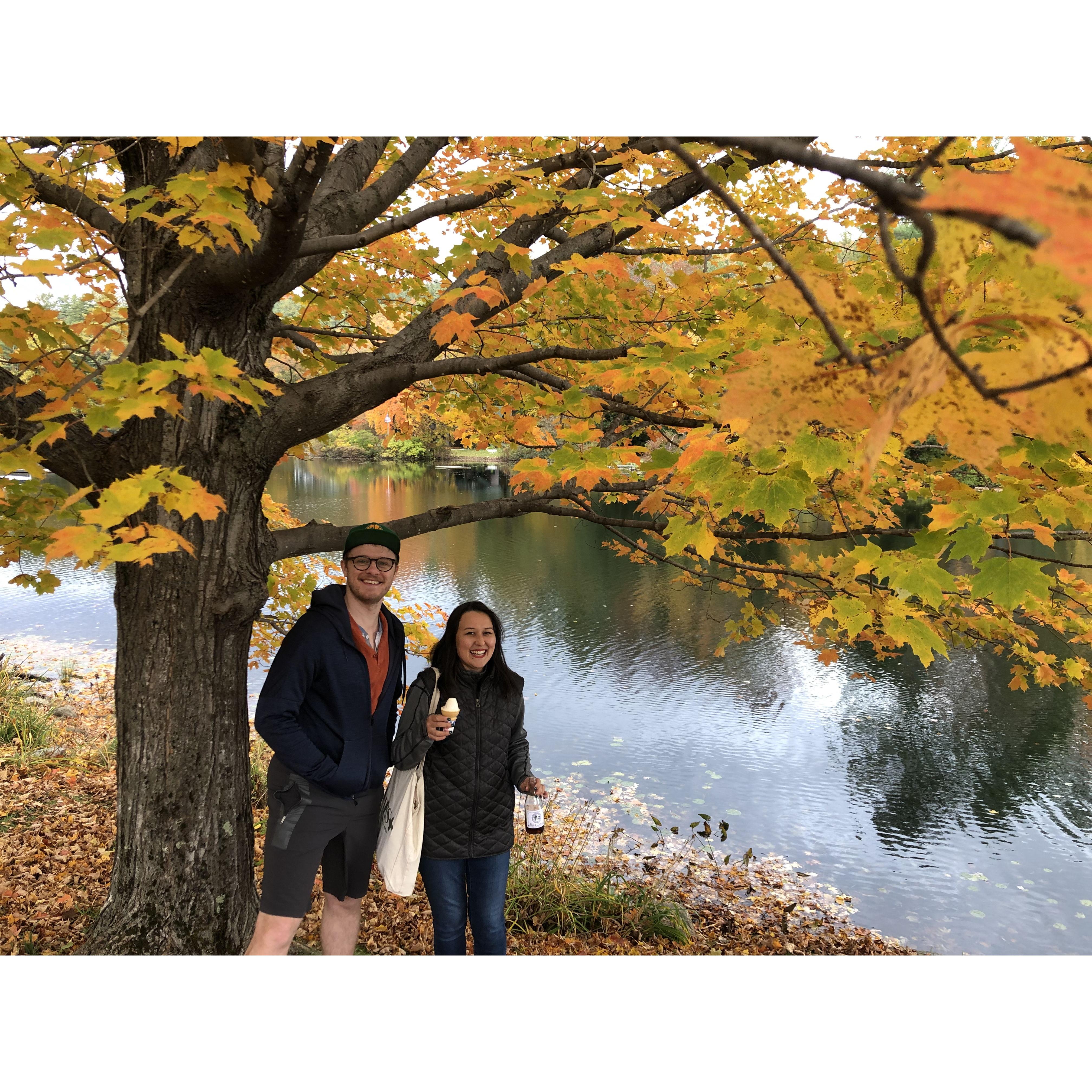 By a lake in the fall in Vermont