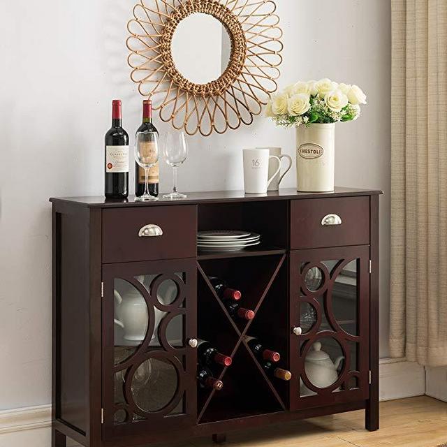 Kings Brand Jamestown Wood Buffet Server Storage Sideboard Wine Cabinet, Cherry