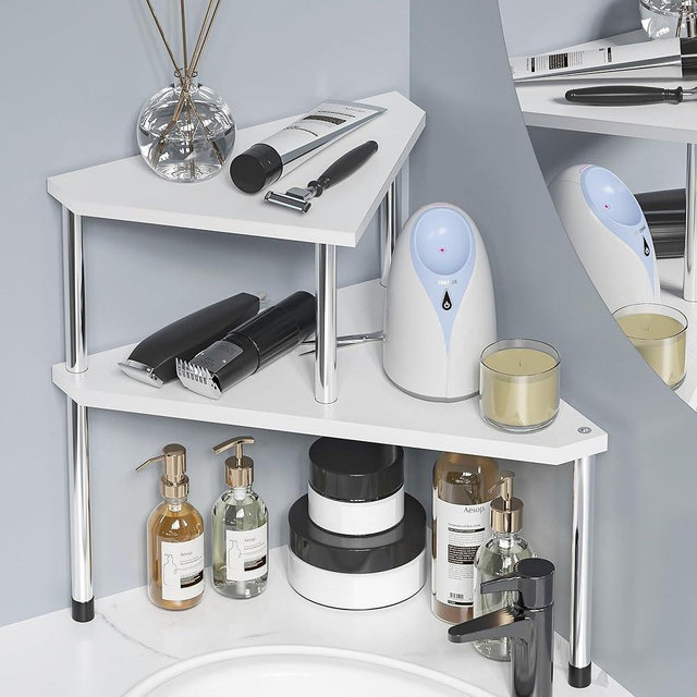 Weenson Bathroom Countertop Organizer Counter Shelf - Bathroom Organization 2 Tier Corner Shelf Bamboo Display Shelves Free-Standing Storage Organizer for Bathroom, Kitchen, Living Room (White)