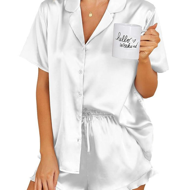 Ekouaer Womens Satin Pajamas Set Button Down 2 Piece Silk Pjs Shorts Set Ruffle Lingerie Notch Collar Sleepwear S-XXL