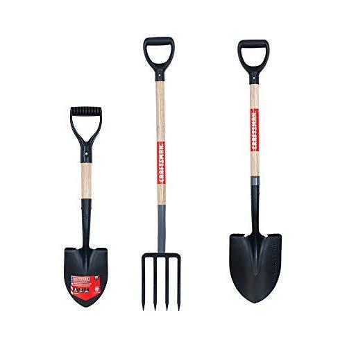 CRAFTSMAN CMXMKIT0120 3-Piece Wood Handle D-Grip Digging Tool Set with Compact Shovel, 4-Tine Fork and Round-Point Shovel
