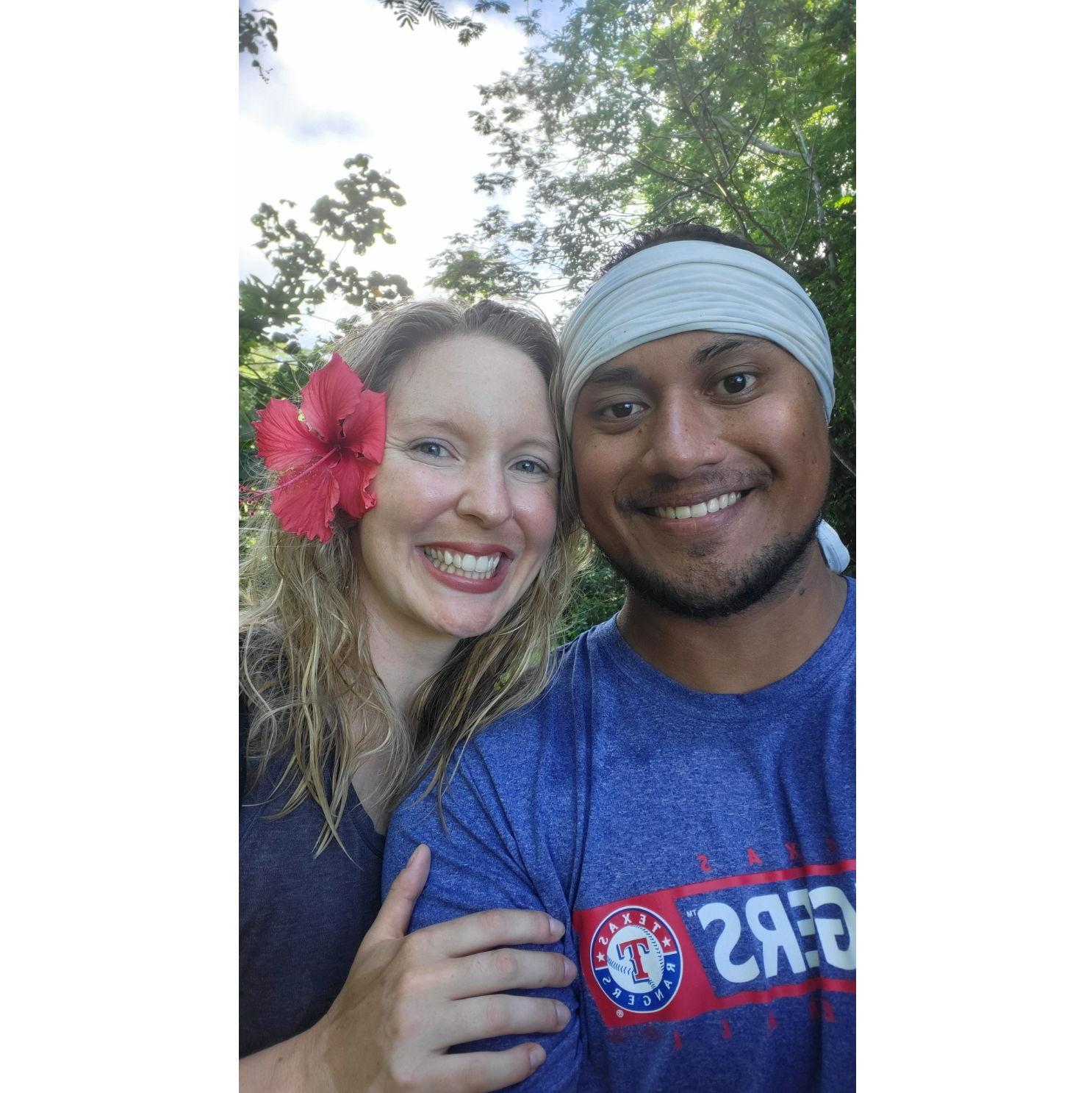 After a hike across the island! It's common for women to wear flowers on their ear - they smell amazing!